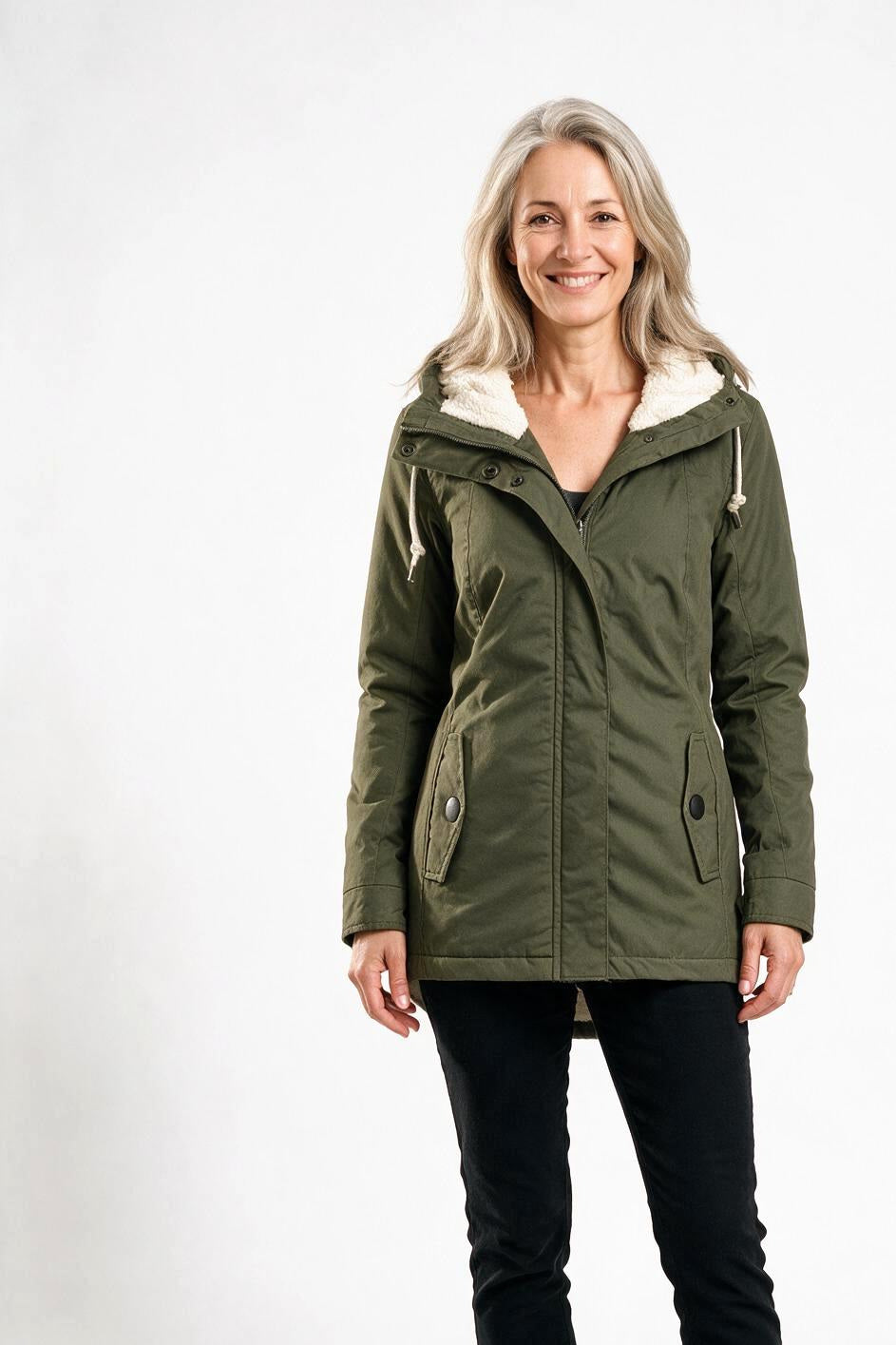 SOLTERI Berenice - Hooded Fleece-Lined Coat - Army Green