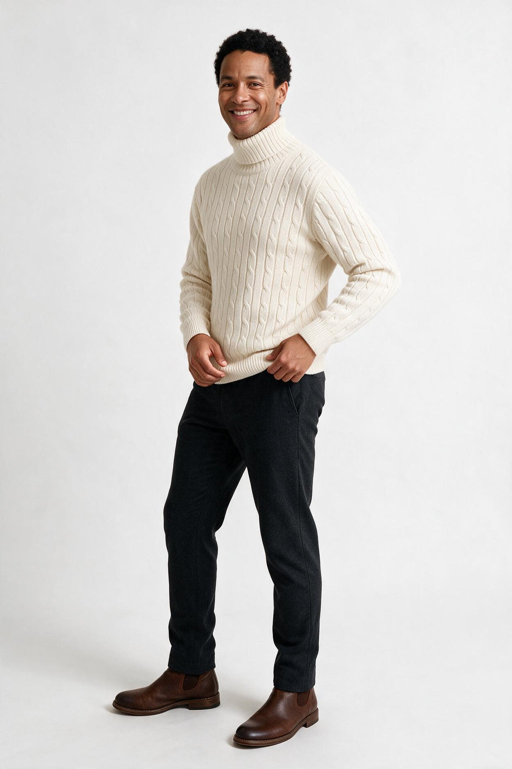 SOLTERI Cable Knit Turtleneck Winter Sweater for Men