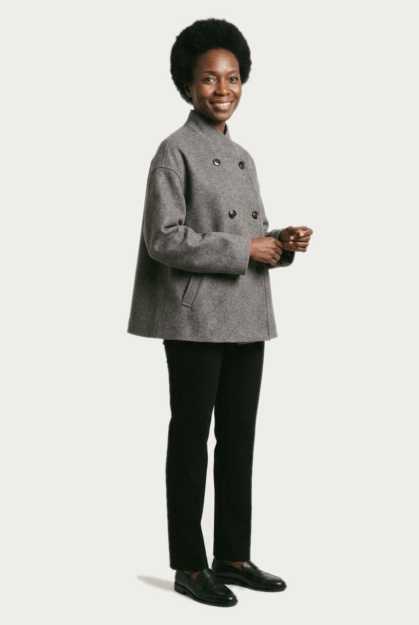 SOLTERI Imogen - Double-Breasted Wool-Blend Swing Jacket - Grey