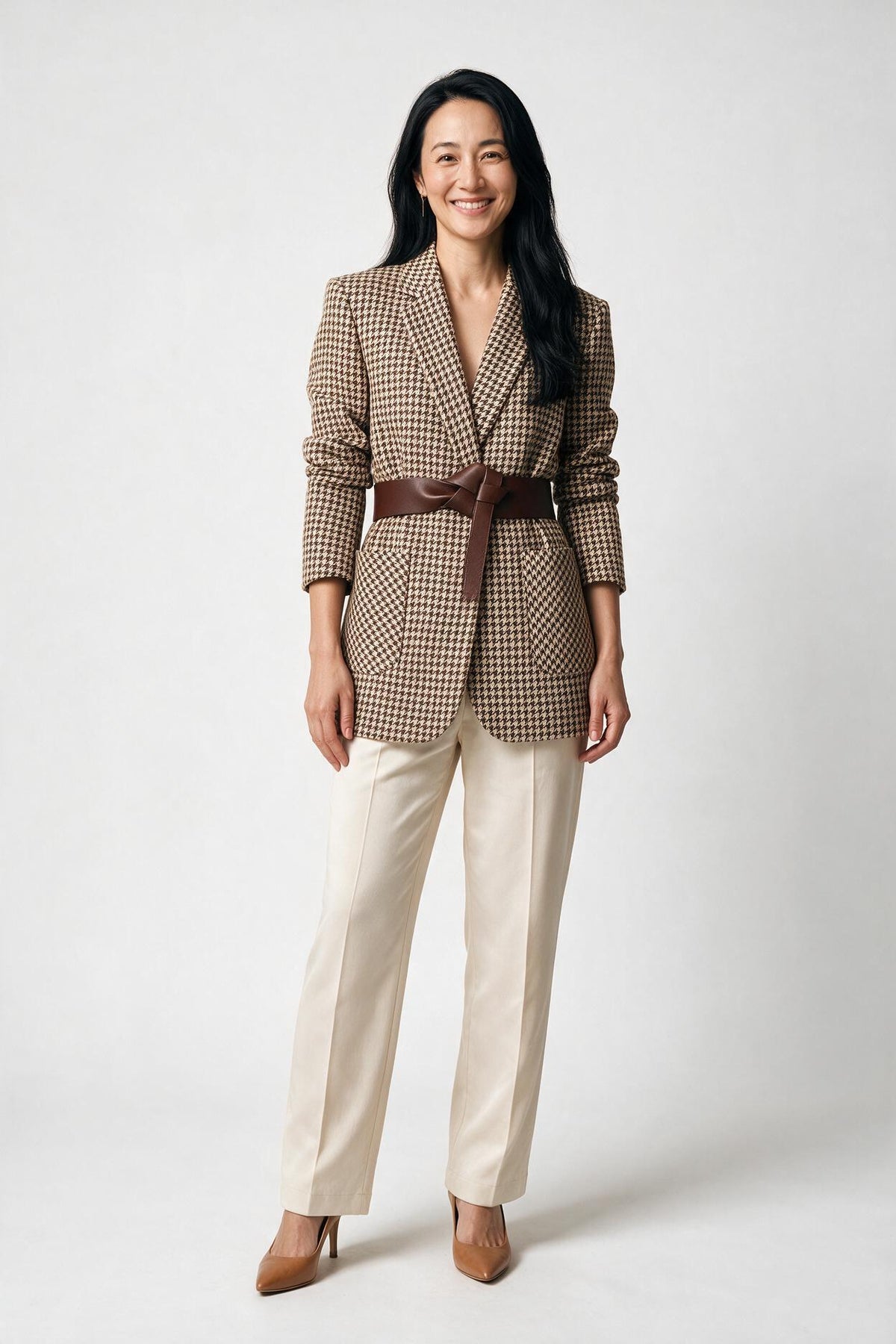SOLTERI Cosima - Belted Houndstooth Blazer - Khaki