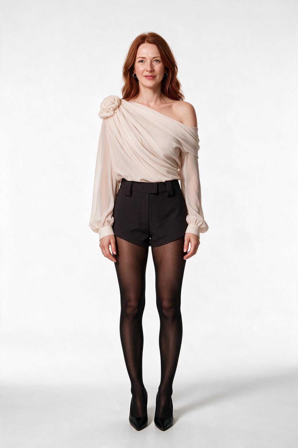 SOLTERI Delphine - Draped One-Shoulder Chiffon Blouse - Apricot