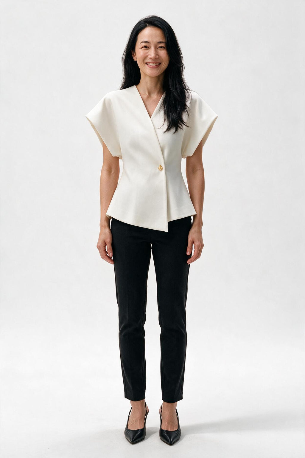 SOLTERI Colette - Structured One-Button Shoulder Top - White