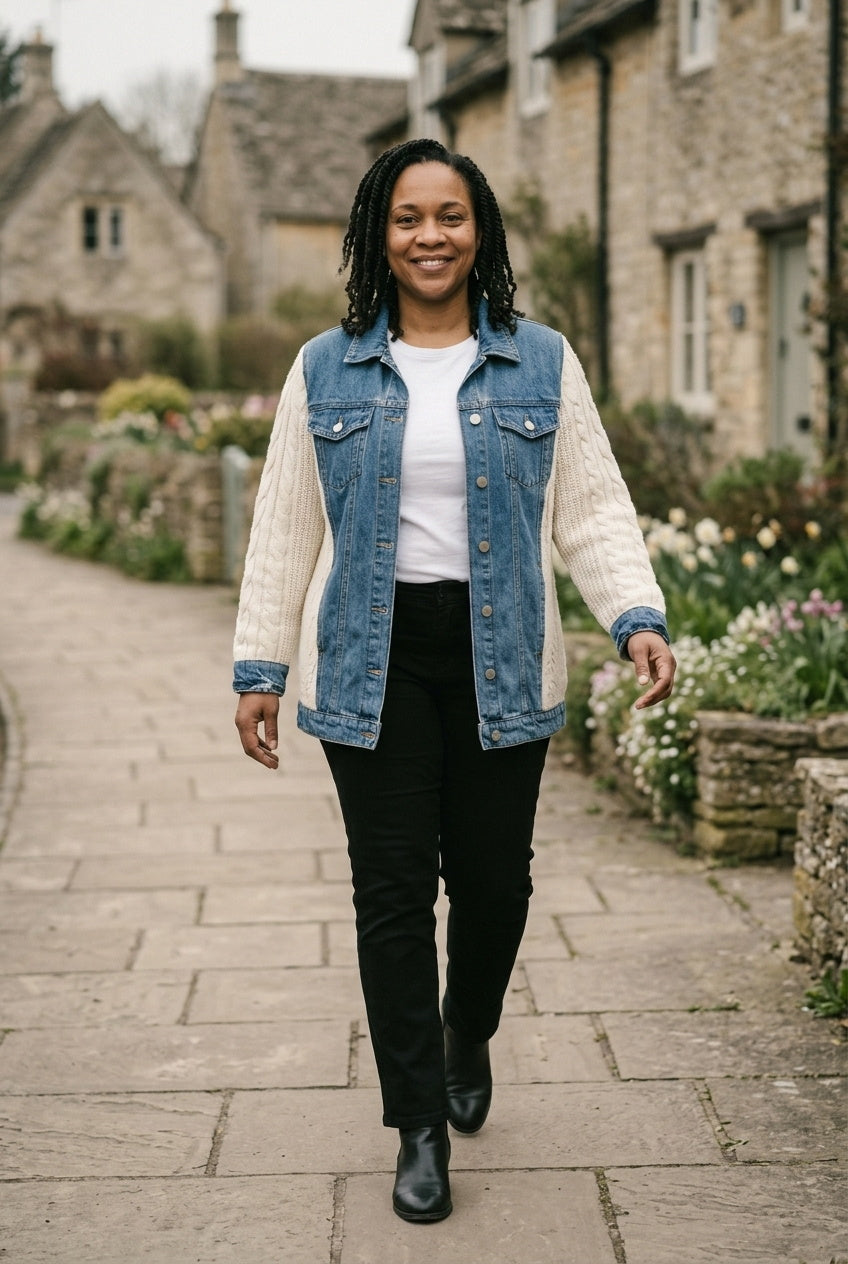 SOLTERI Rosanne - Knit-Sleeve Hybrid Denim Jacket