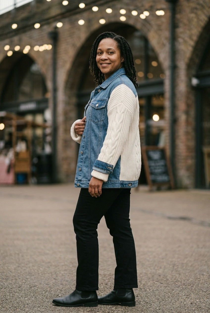 SOLTERI Rosanne - Knit-Sleeve Hybrid Denim Jacket