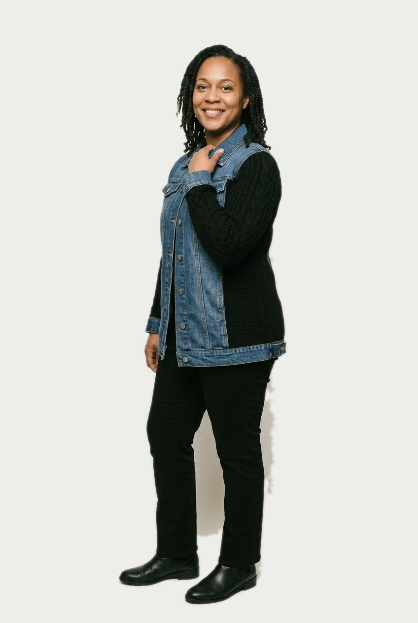 SOLTERI Rosanne - Knit-Sleeve Hybrid Denim Jacket - Black