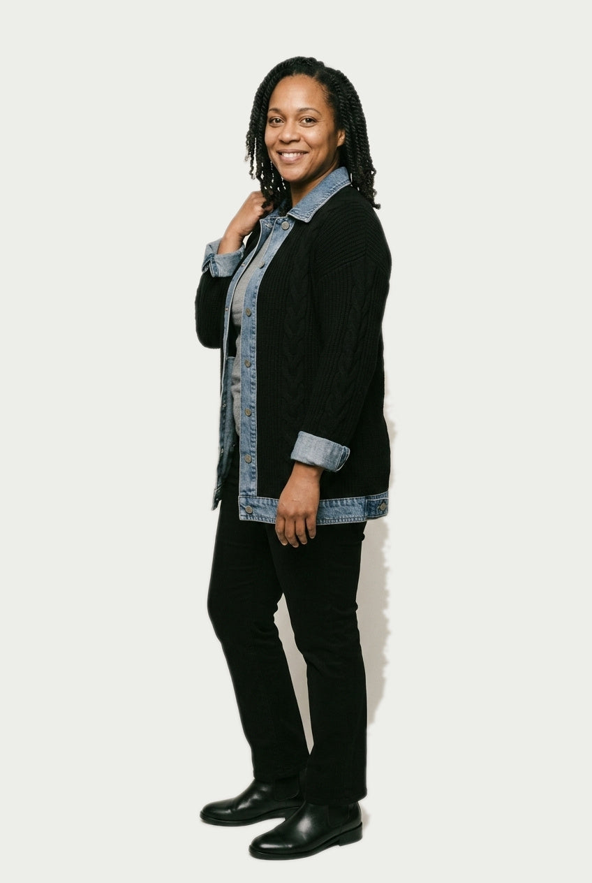 SOLTERI Rosanne - Knit-Sleeve Hybrid Denim Jacket - Black