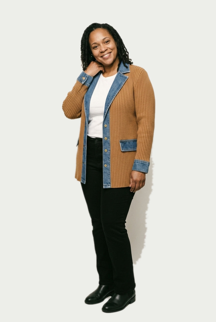 SOLTERI Rosanne - Knit-Sleeve Hybrid Denim Jacket - Khaki
