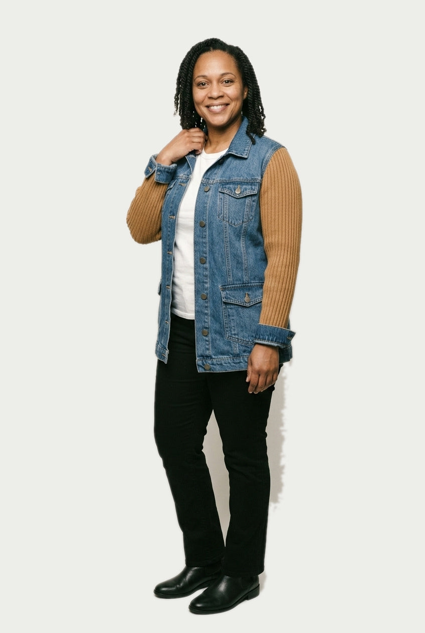SOLTERI Rosanne - Knit-Sleeve Hybrid Denim Jacket - Khaki