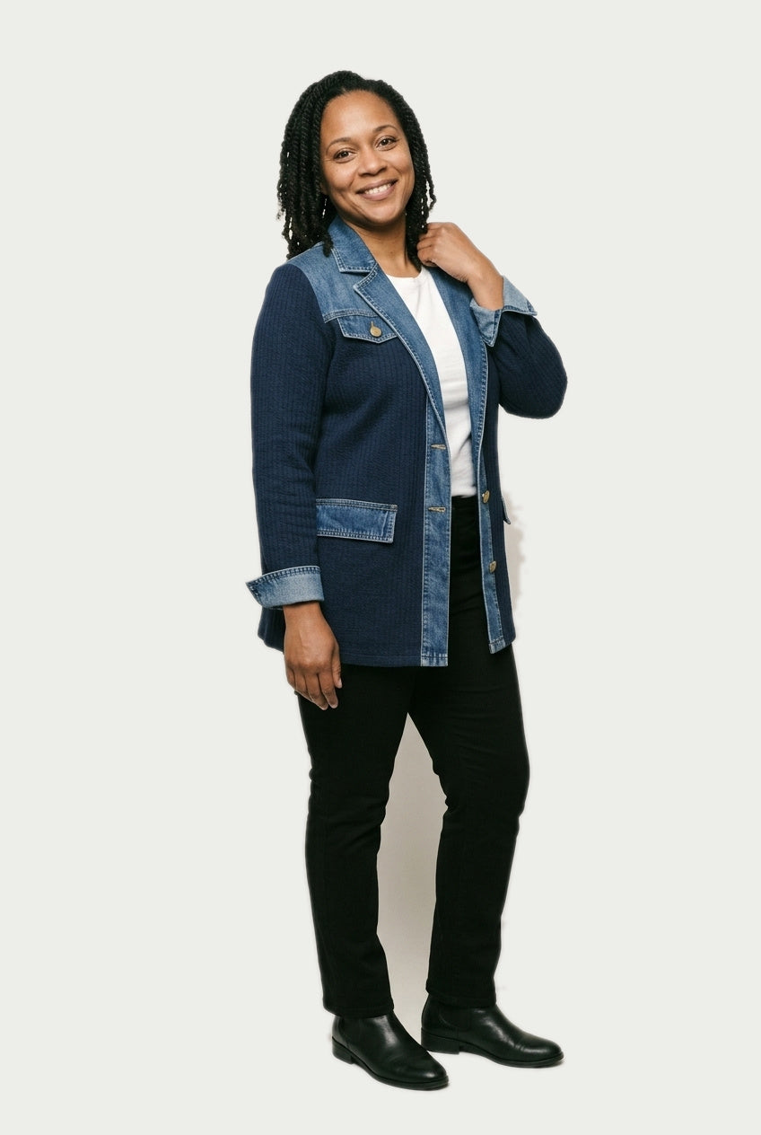 SOLTERI Rosanne - Knit-Sleeve Hybrid Denim Jacket - Navy Blue