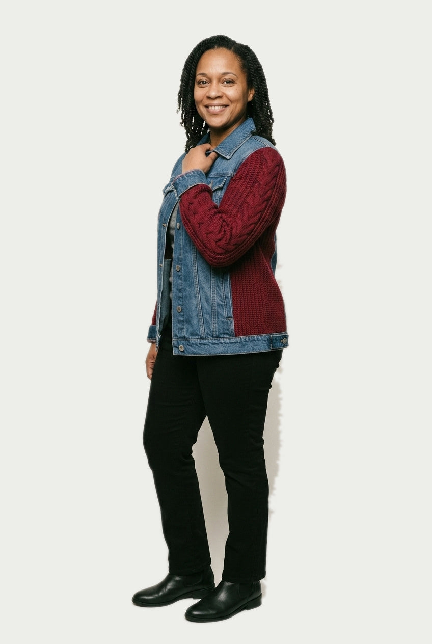 SOLTERI Rosanne - Knit-Sleeve Hybrid Denim Jacket - Red