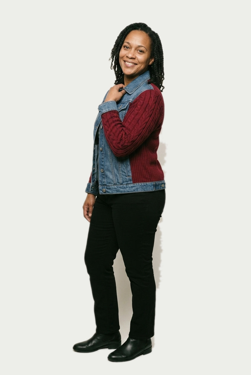 SOLTERI Rosanne - Knit-Sleeve Hybrid Denim Jacket - Red