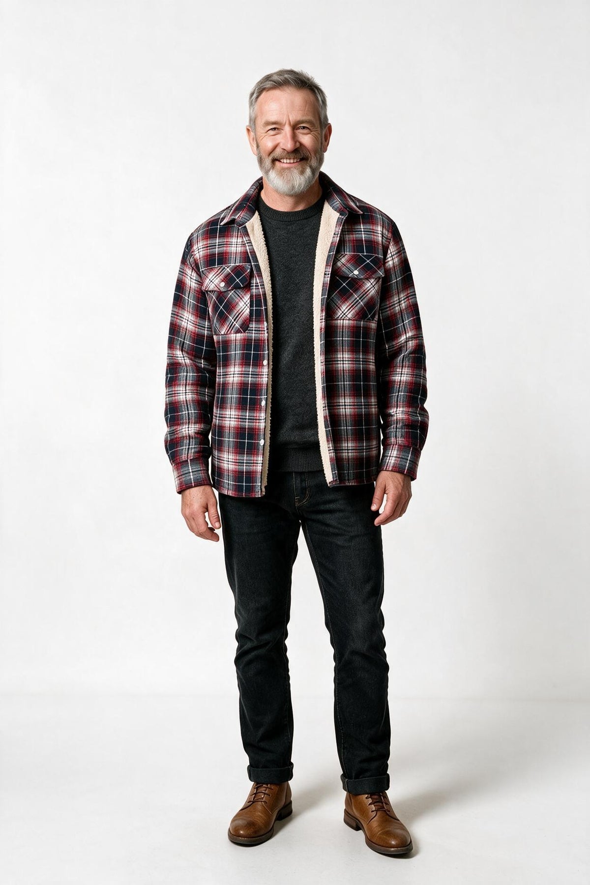 SOLTERI Dawson - Sherpa-Lined Plaid Shirt Jacket - Red