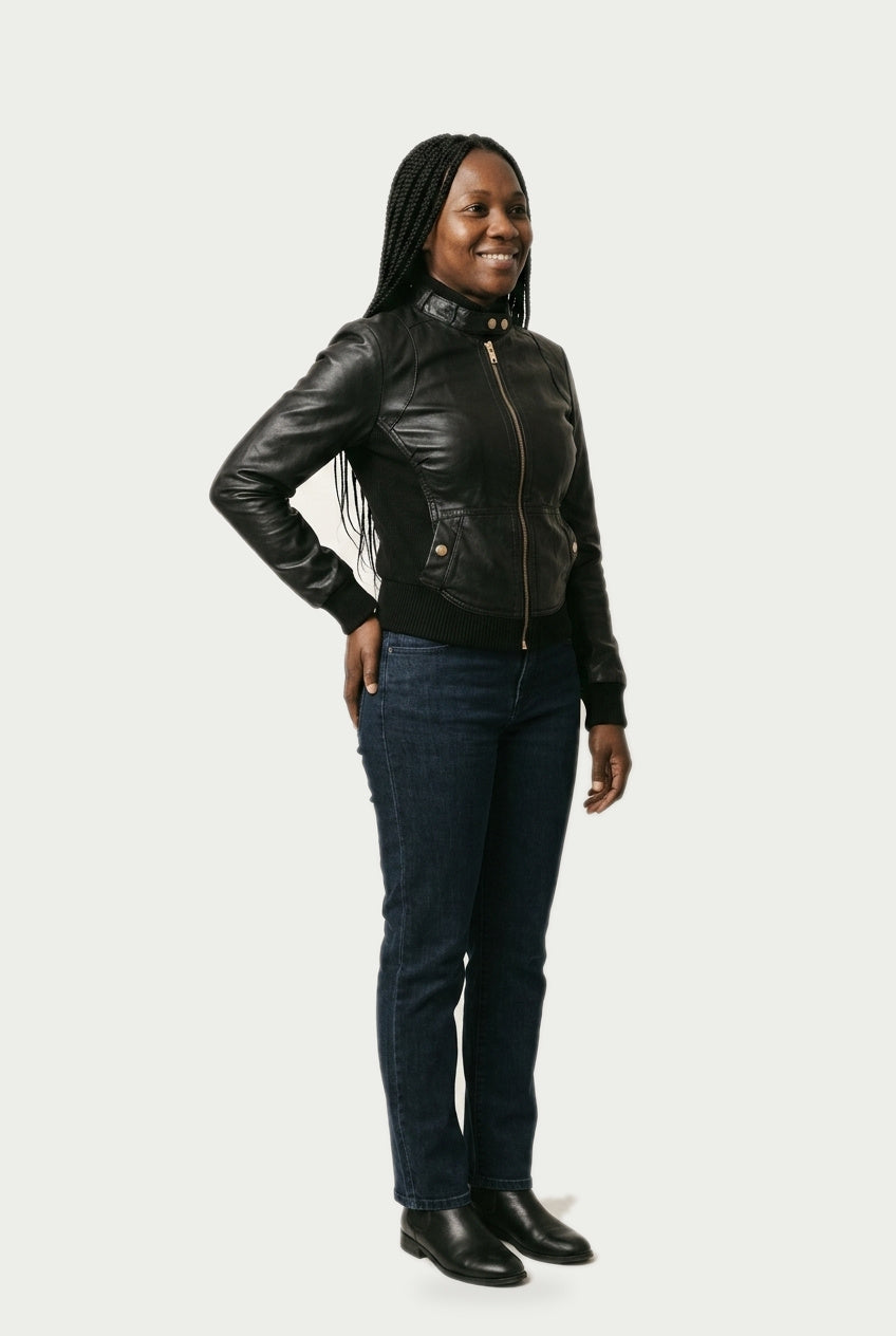 SOLTERI Tabitha - Ribbed-Collar Faux-Leather Moto Jacket