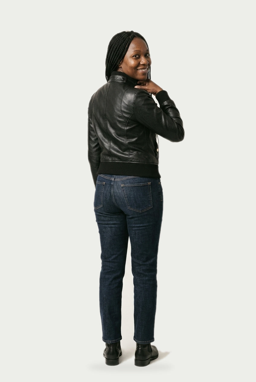 SOLTERI Tabitha - Ribbed-Collar Faux-Leather Moto Jacket