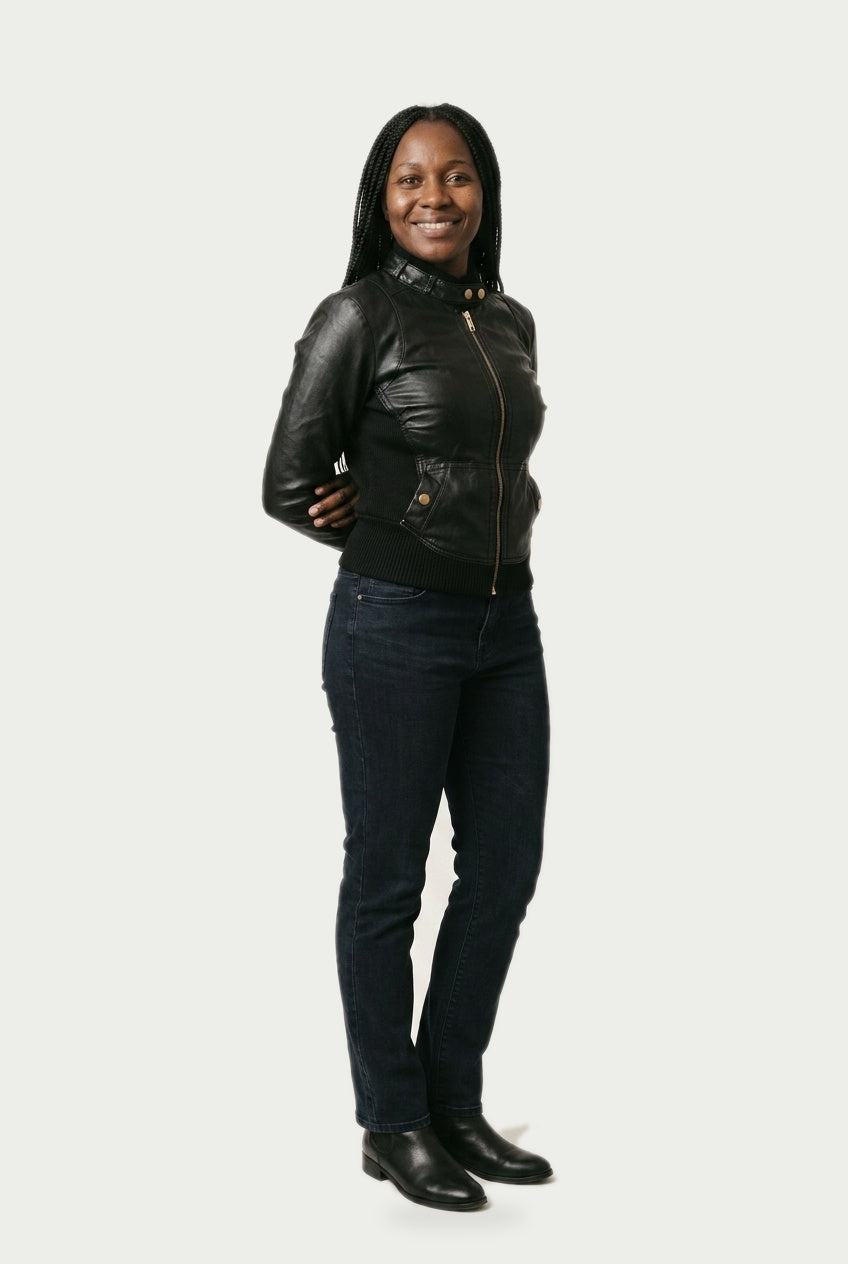SOLTERI Tabitha - Ribbed-Collar Faux-Leather Moto Jacket