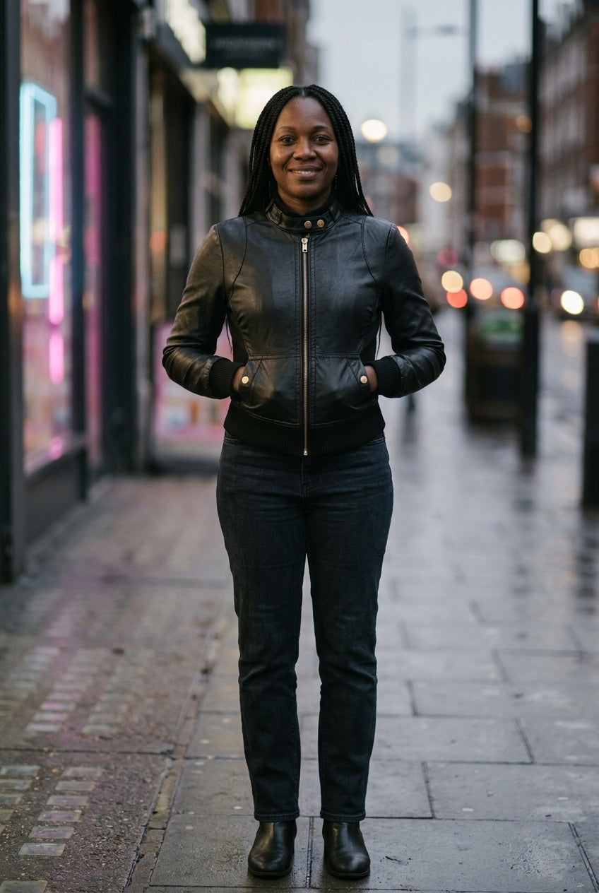 SOLTERI Tabitha - Ribbed-Collar Faux-Leather Moto Jacket