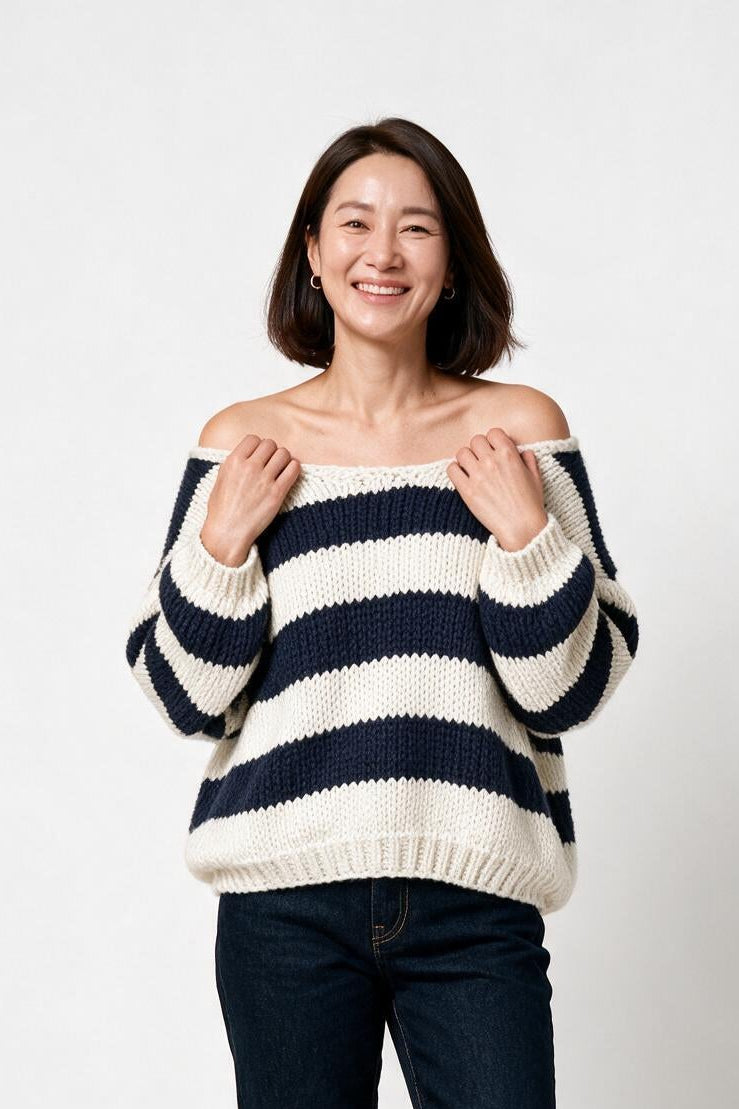 SOLTERI Striped Off Shoulder Knit Sweater