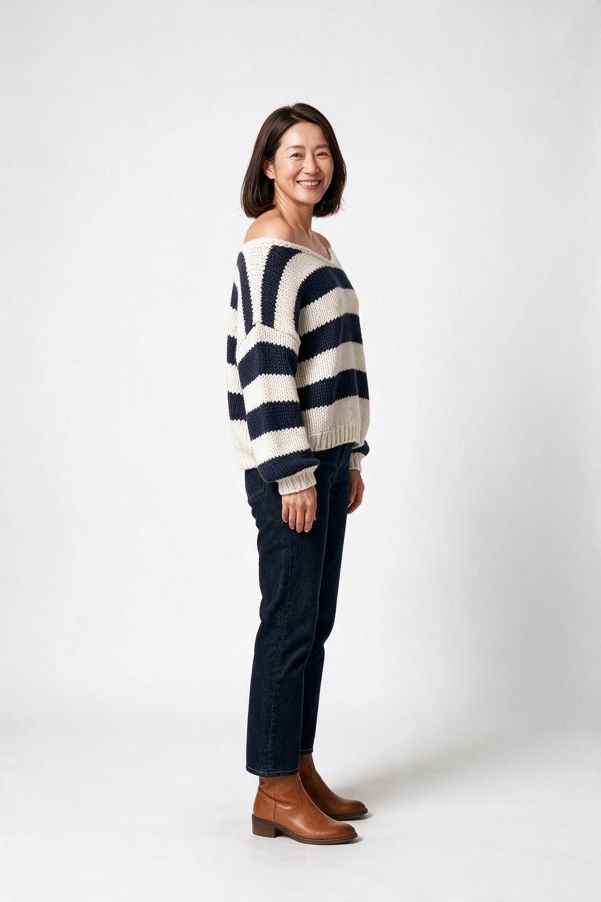 SOLTERI Striped Off Shoulder Knit Sweater