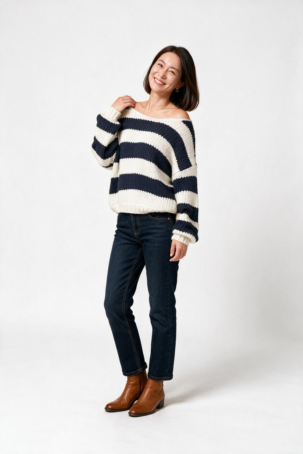 SOLTERI Striped Off Shoulder Knit Sweater