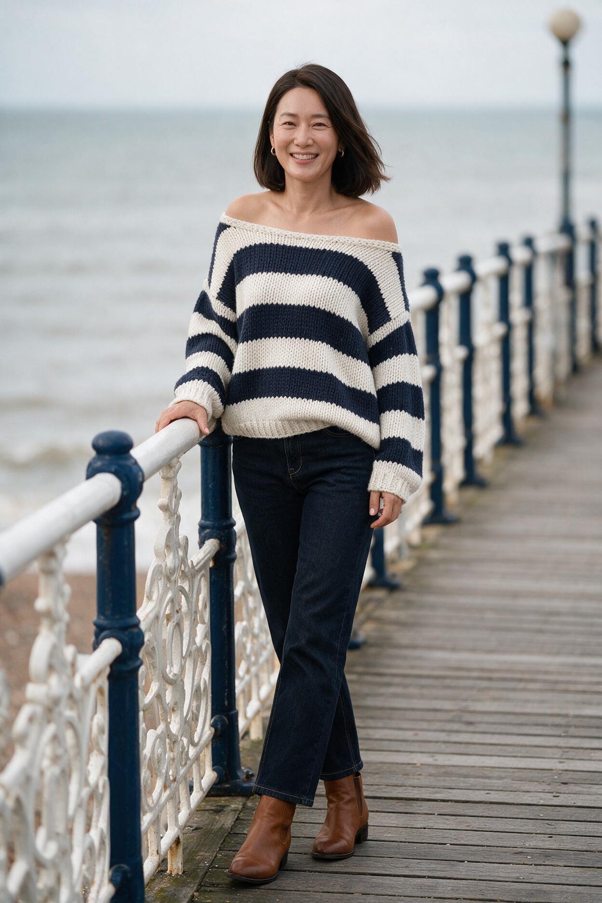 SOLTERI Striped Off Shoulder Knit Sweater