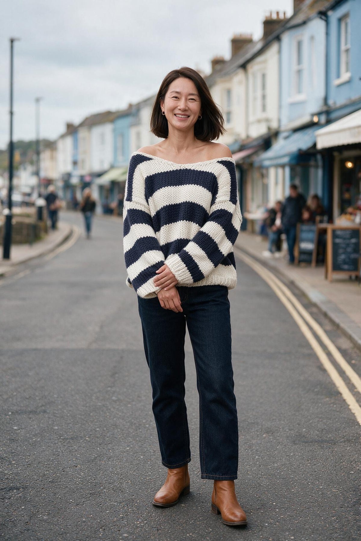 SOLTERI Striped Off Shoulder Knit Sweater