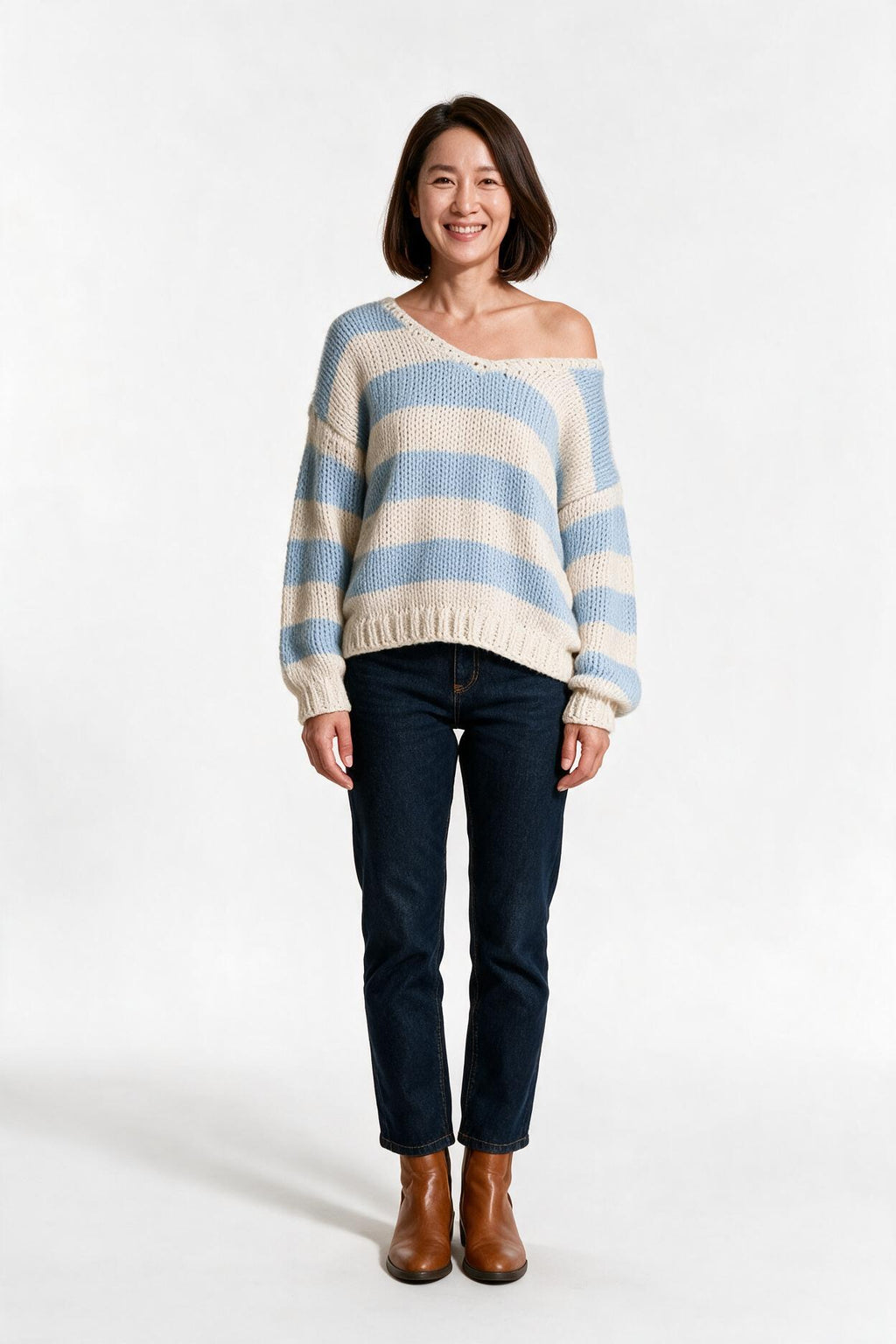 SOLTERI Striped Off Shoulder Knit Sweater