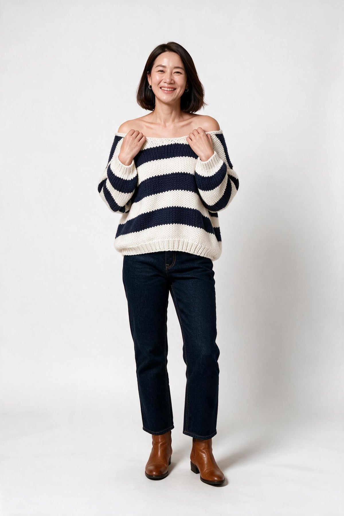 SOLTERI Cressida - Striped Off-Shoulder Knit Sweater - Navy