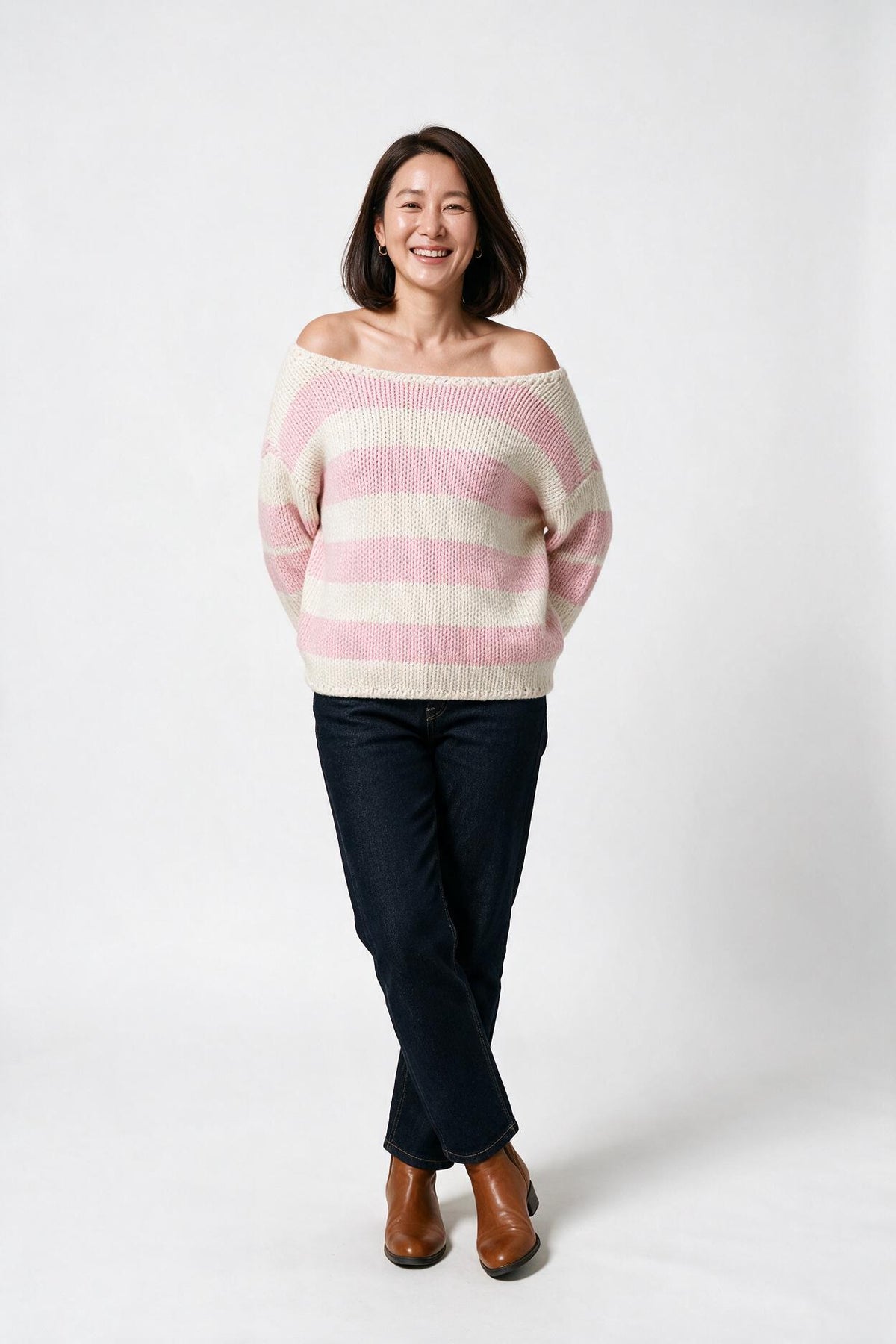 SOLTERI Striped Off Shoulder Knit Sweater