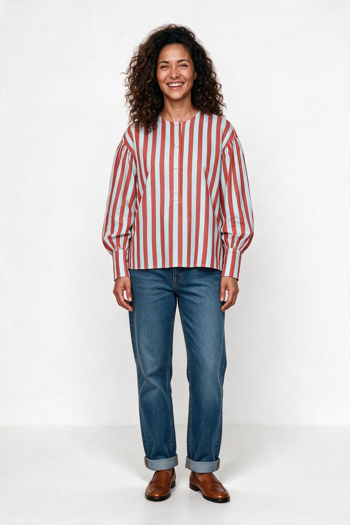 SOLTERI Romilly - Wide-Stripe Puff Sleeve Blouse - Red