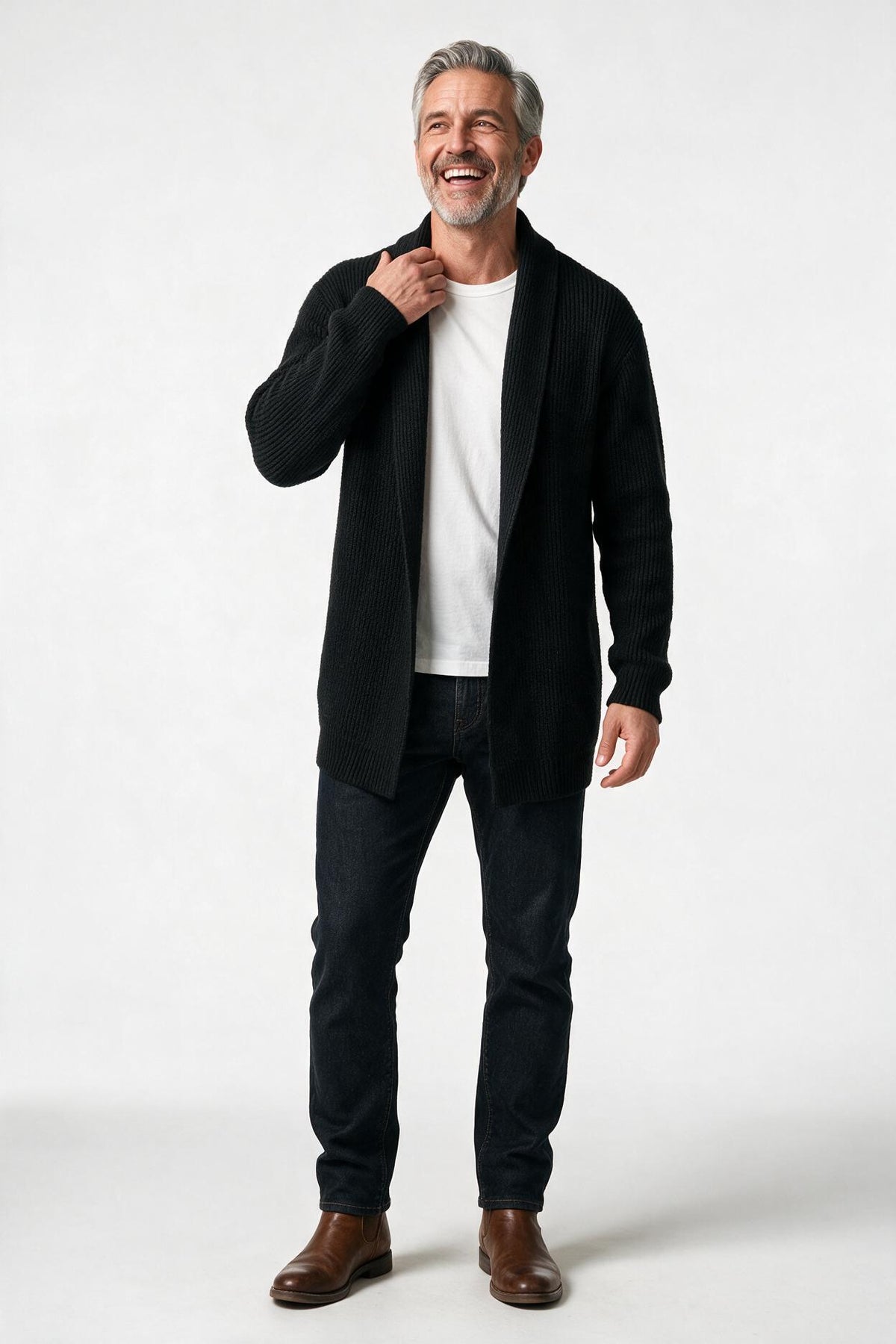 SOLTERI Men's Knit Cardigan with Shawl Collar | Open Front