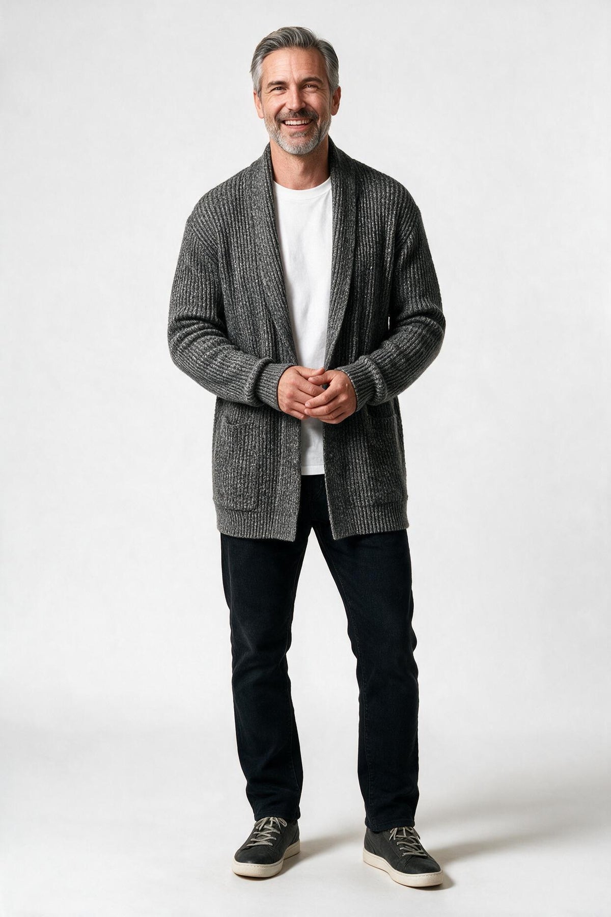 SOLTERI Langley - Shawl-Collar Open-Front Cardigan - Grey