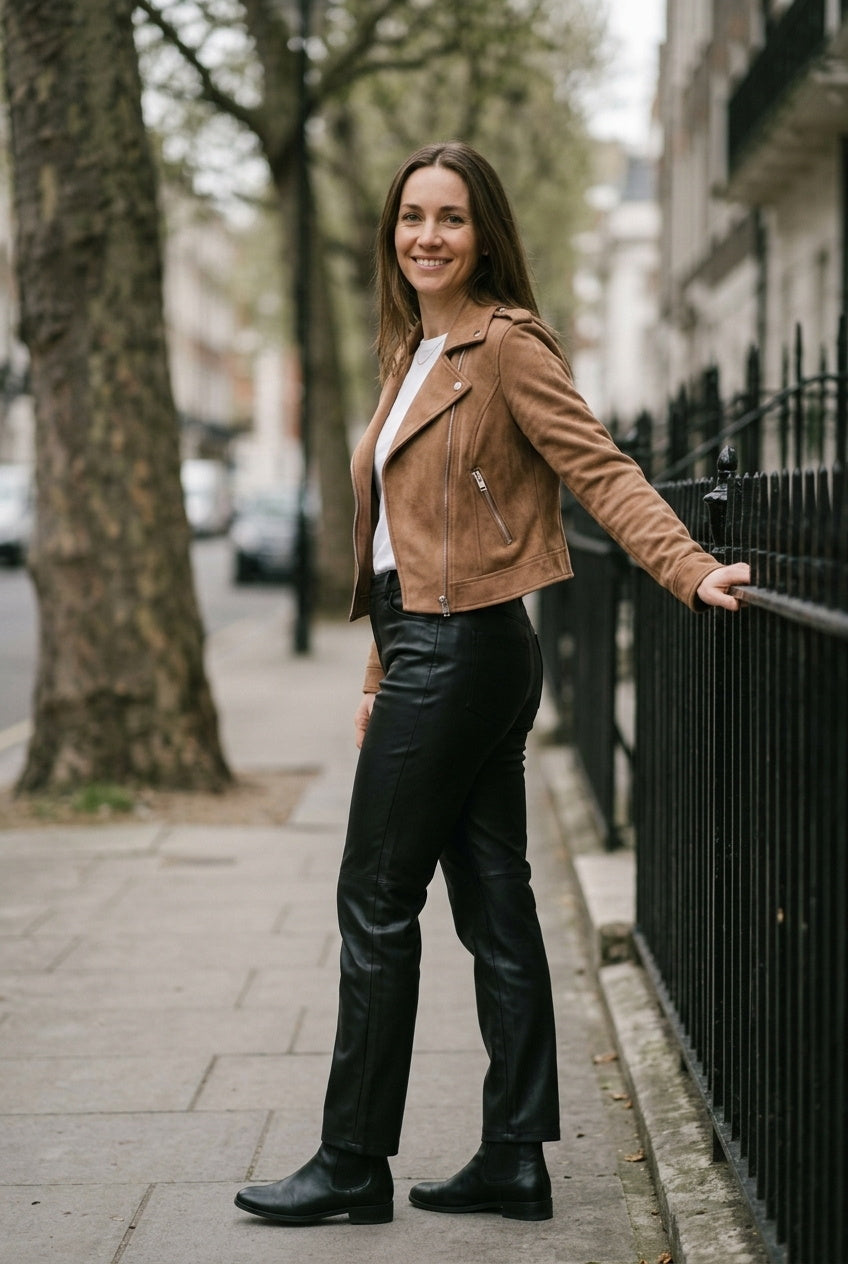 SOLTERI Faye - Cropped Faux-Suede Moto Jacket