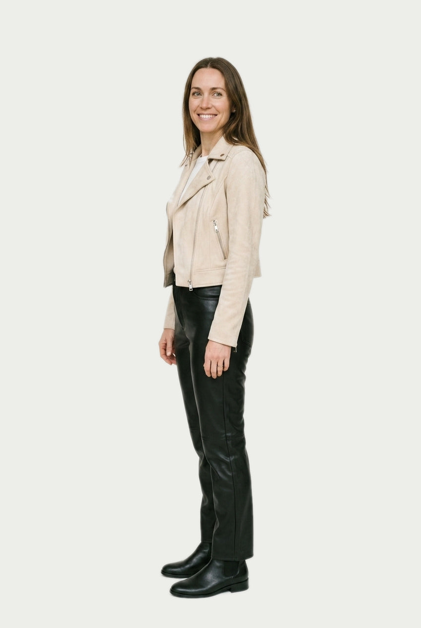 SOLTERI Faye - Cropped Faux-Suede Moto Jacket - Apricot