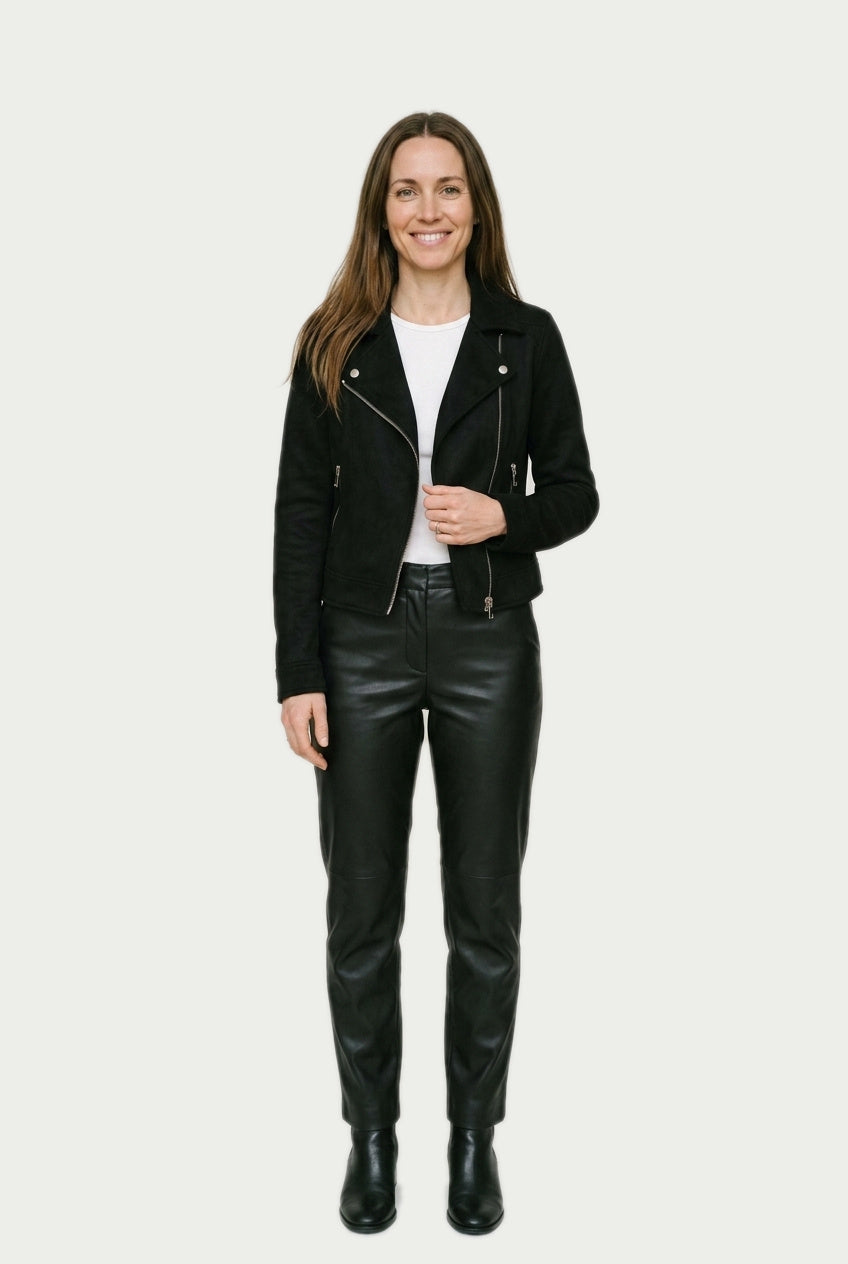 SOLTERI Faye - Cropped Faux-Suede Moto Jacket - Black