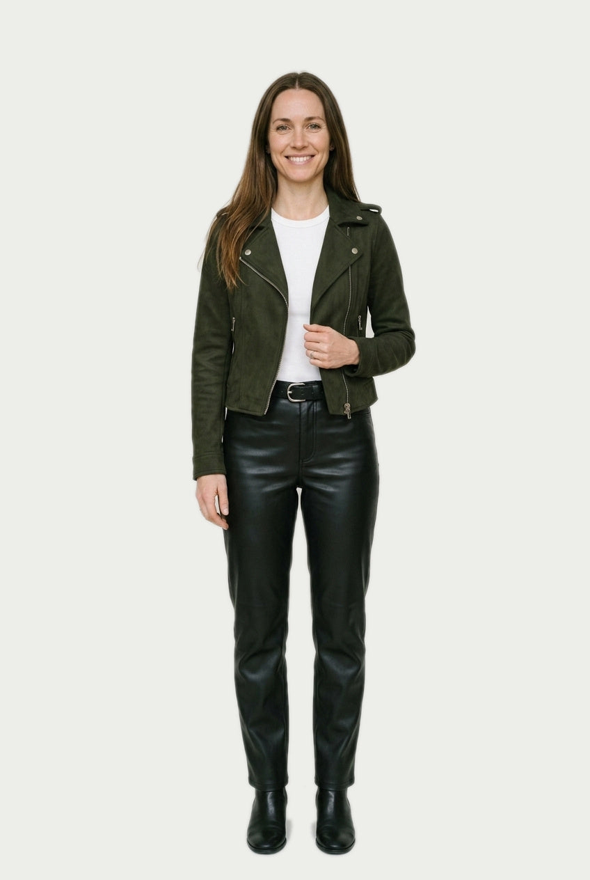 SOLTERI Faye - Cropped Faux-Suede Moto Jacket - Green