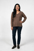 SOLTERI Women’s V-Neck Textured Knit Sweater with Chevron Pattern and Long Sleeves