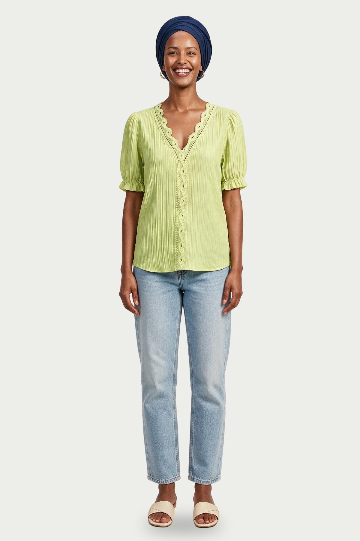 SOLTERI Astrid - Crochet-Trim Puff Sleeve Blouse - Green