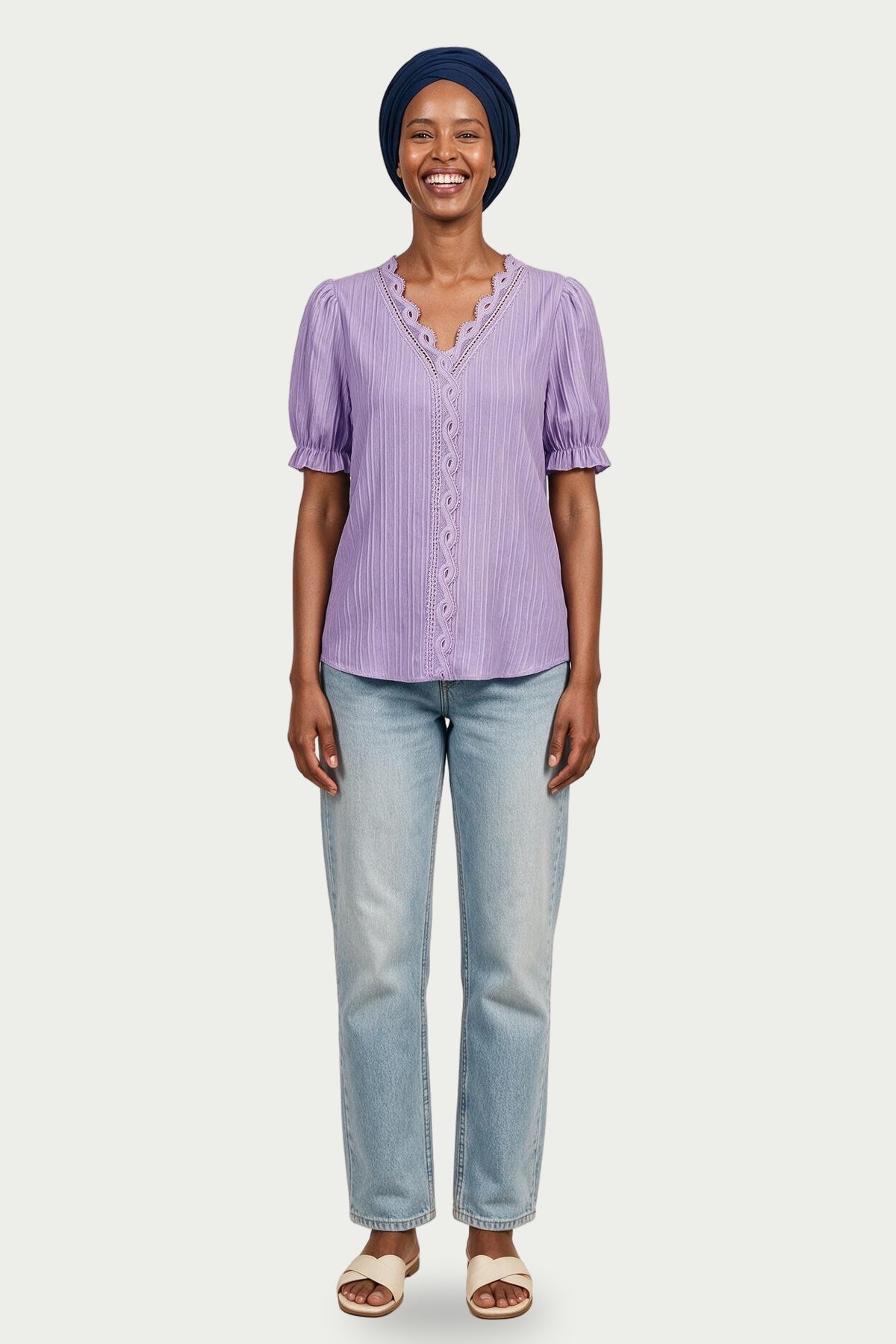 SOLTERI Astrid - Crochet-Trim Puff Sleeve Blouse - Lilac