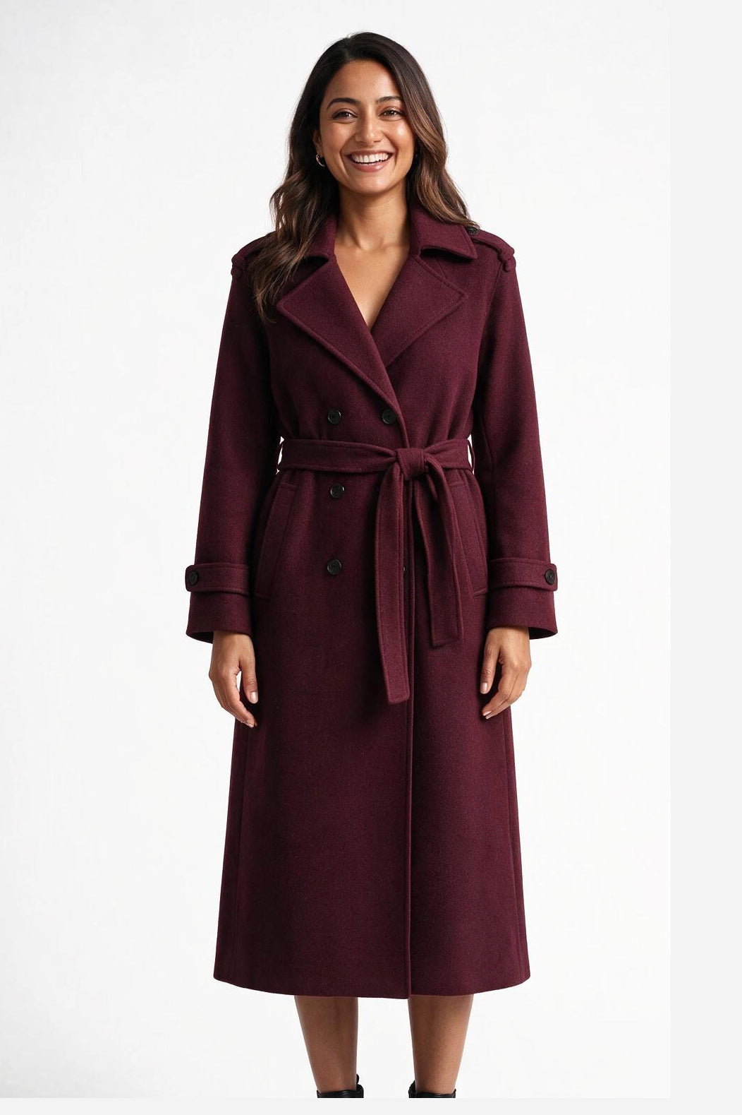 SOLTERI Helene - Belted Fitted Wool Coat - Burgundy