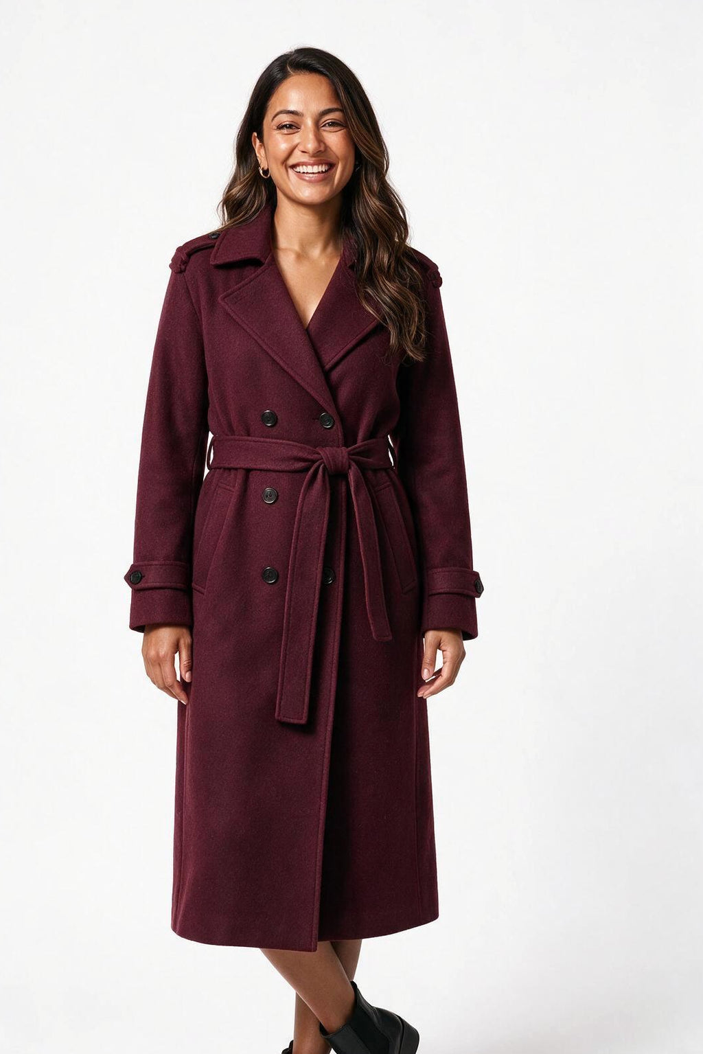 SOLTERI Helene - Belted Fitted Wool Coat - Burgundy