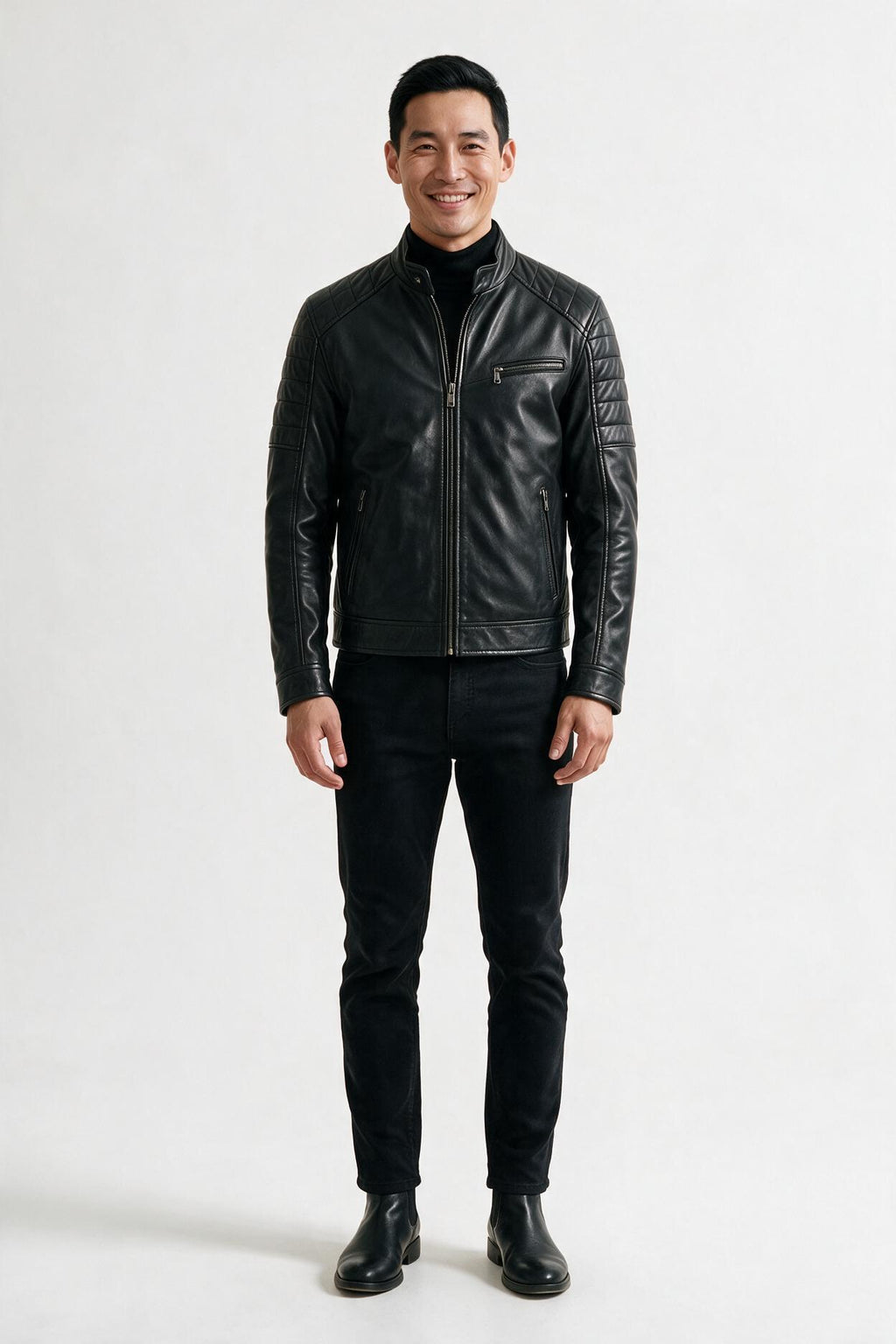 SOLTERI Halston - Slim-Fit Stand Collar Leather-Look Jacket - Black