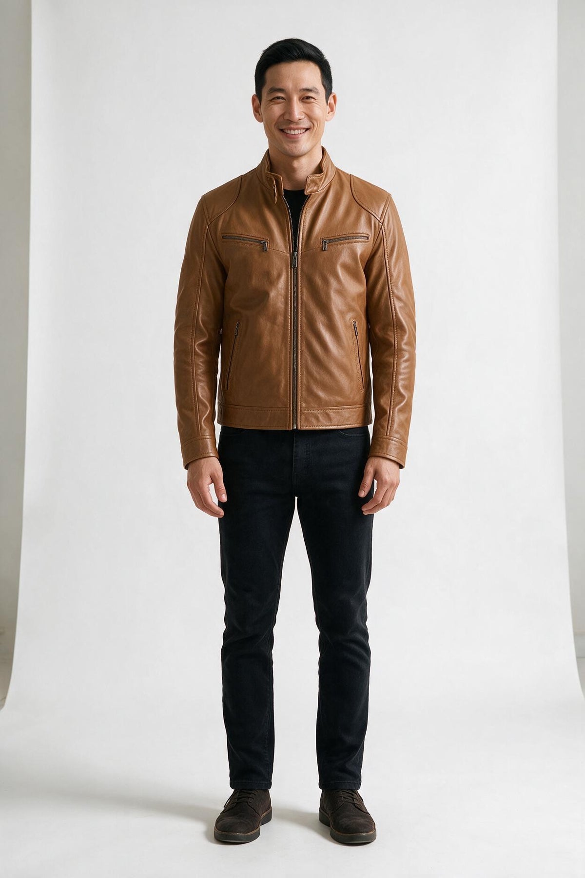 SOLTERI Halston - Slim-Fit Stand Collar Leather-Look Jacket - Camel