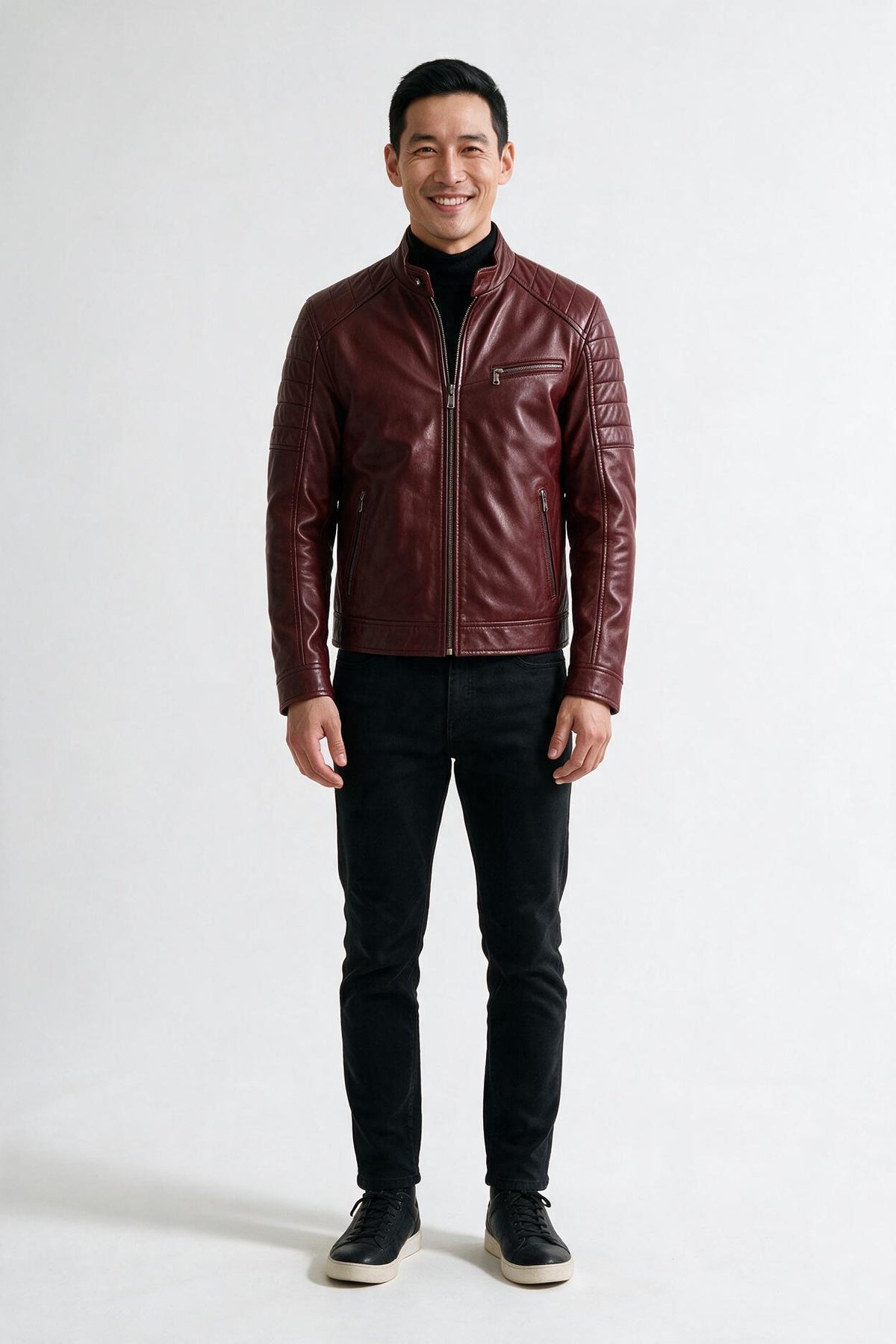 SOLTERI Halston - Slim-Fit Stand Collar Leather-Look Jacket - Red