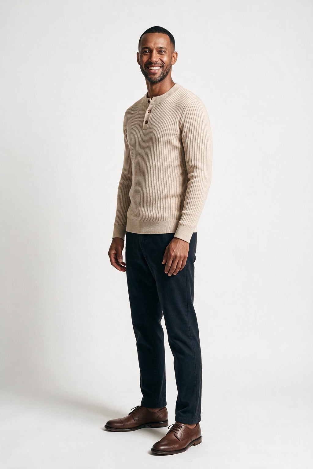 SOLTERI Men's Ribbed Sweater Henley Neck - Long Sleeves