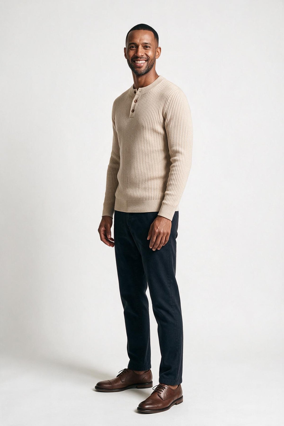 SOLTERI Men's Ribbed Sweater Henley Neck - Long Sleeves