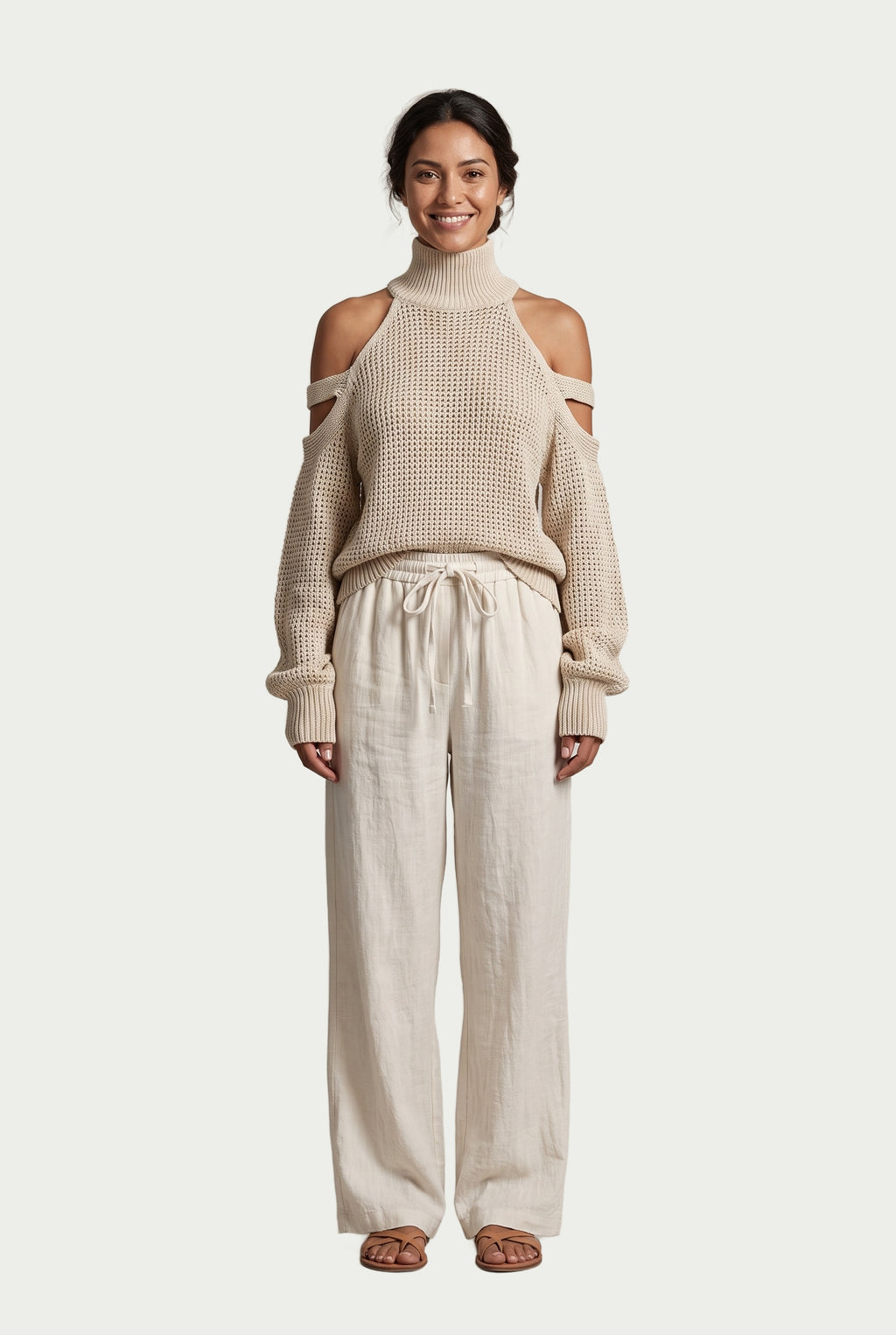 SOLTERI Imogen - Cold-Shoulder Knit Top & Wide-Leg Linen Set