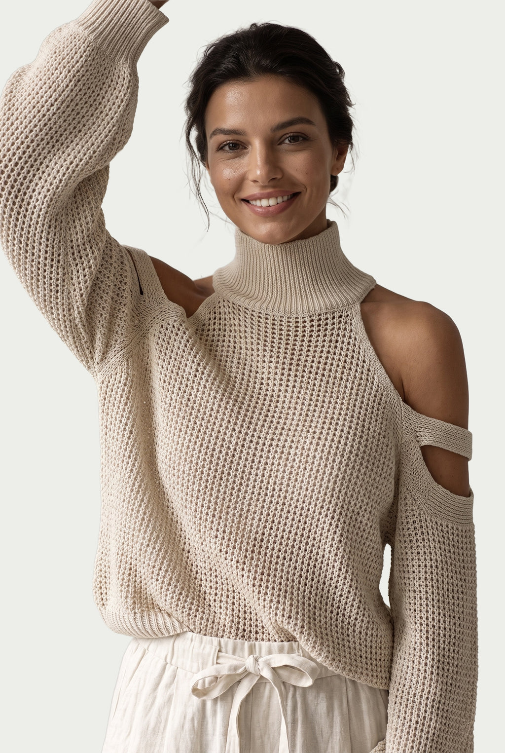 SOLTERI Imogen - Cold-Shoulder Knit Top & Wide-Leg Linen Set