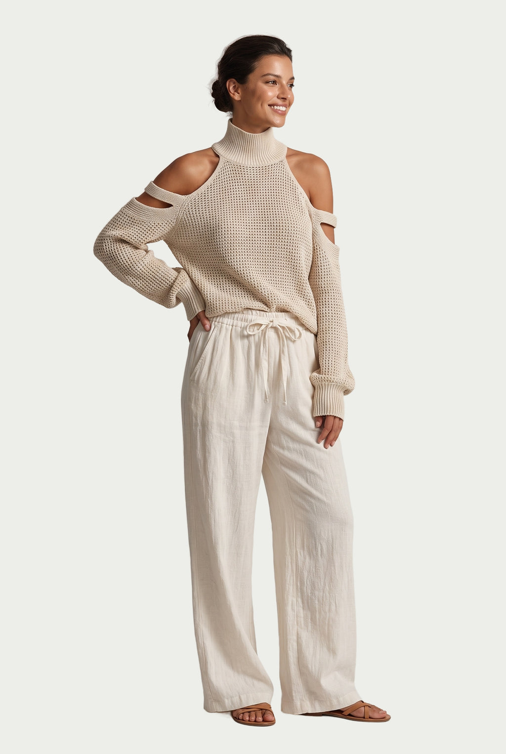 SOLTERI Imogen - Cold-Shoulder Knit Top & Wide-Leg Linen Set