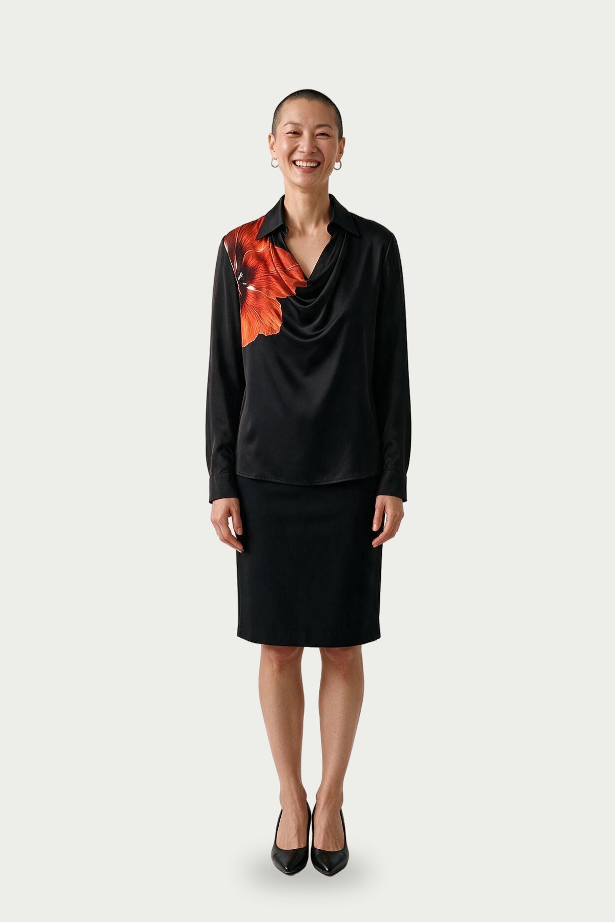 SOLTERI Genevieve - Cowl-Front Satin Blouse - Black Red