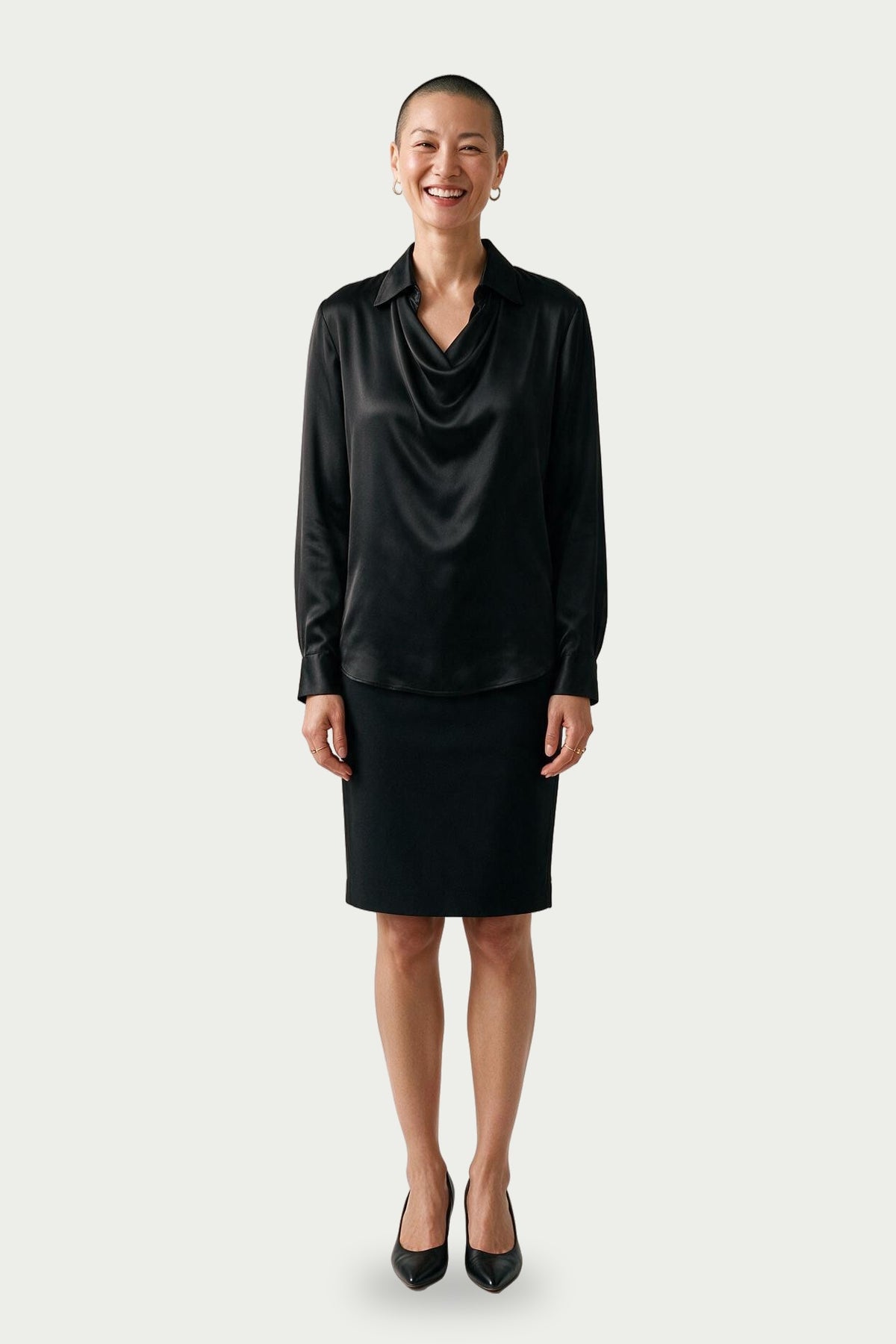 SOLTERI Genevieve - Cowl-Front Satin Blouse - Black